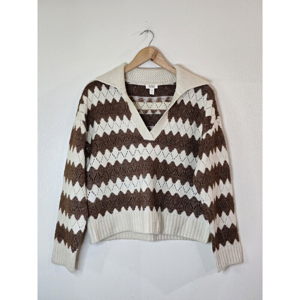 ANA A New Approach Chevron Sweater Womens XS Brown Cream Collared V Neck Knit - Picture 2 of 11